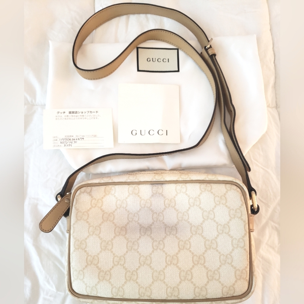 Authentic Gucci GG Supreme Camera Bag – Beige/Avorio Crossbody with Leather Trim - Picture 8 of 16